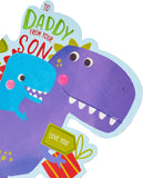 Cute dinosaur-themed Father's Day greeting card from son, featuring colorful dinosaur illustrations for dad.
