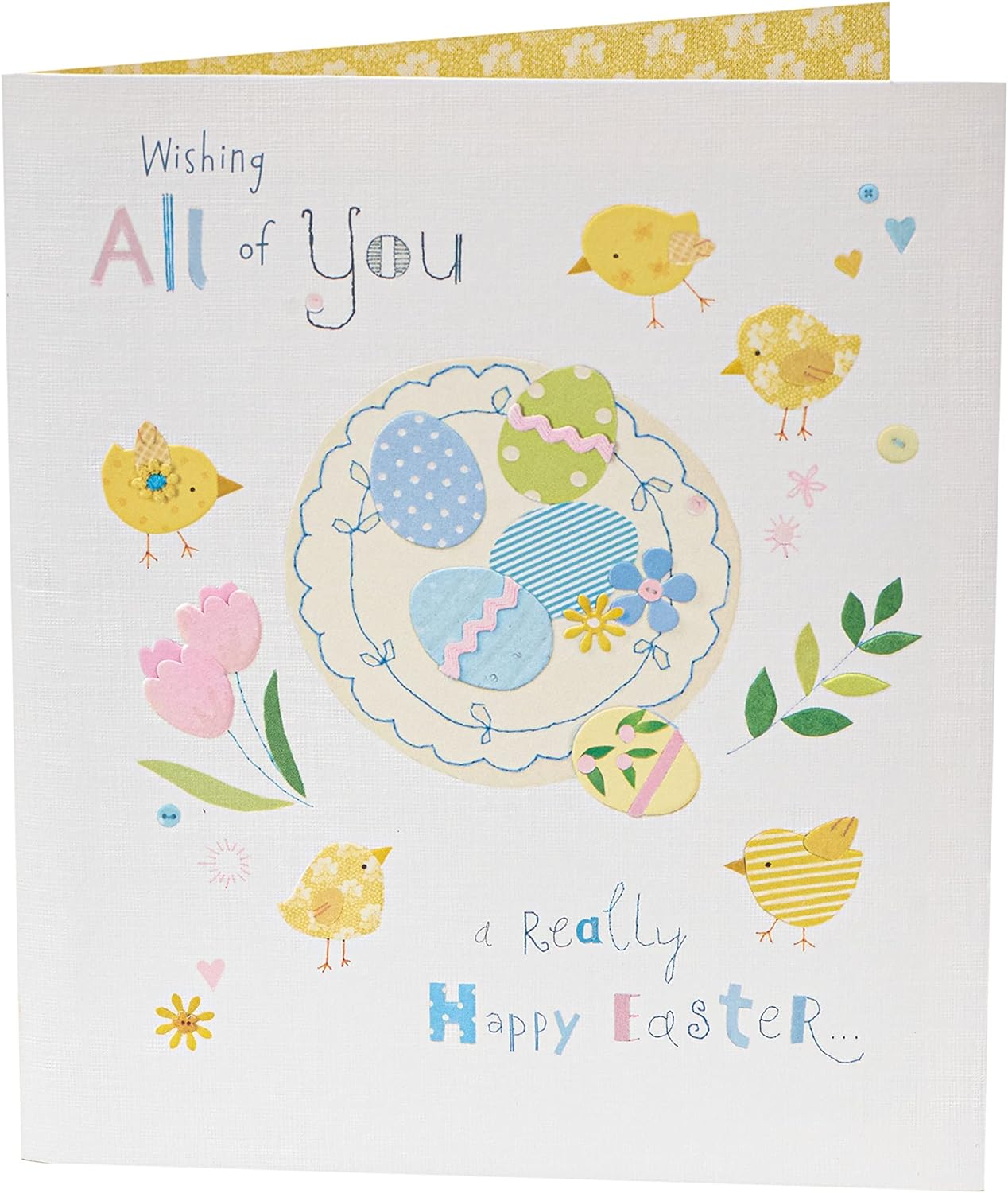 Cute Easter greeting card from UK Greetings featuring colorful Easter eggs and spring floral designs on the front.