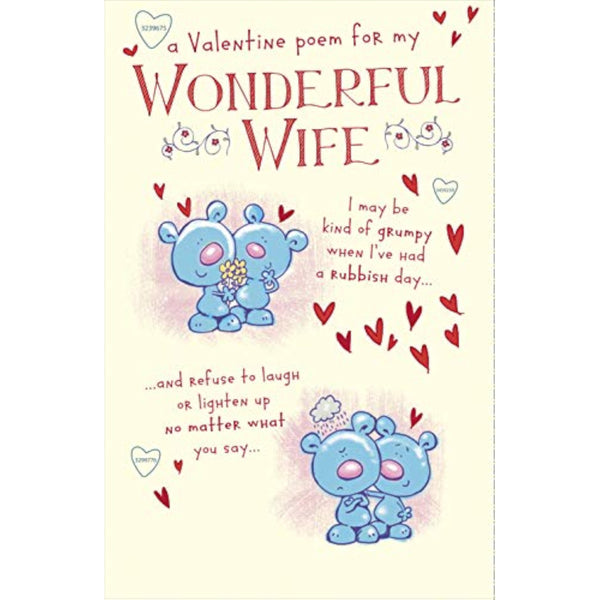 Cute teddy bear Valentine's greeting card for wife, featuring a heartfelt poem, by UK Greetings.