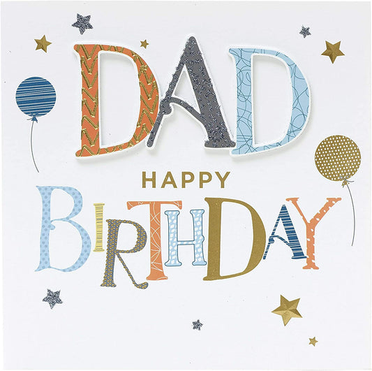 UK Greetings dad birthday greeting card with colorful balloons and gold foil shine, perfect for celebrating Dad's special day.
