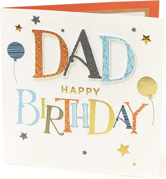 Dad birthday greeting card featuring colorful balloons and gold foil shine embellishments, perfect for celebrating dad.