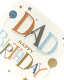 Dad birthday greeting card with colorful balloons and gold foil shine, perfect for celebrating dad's special day.