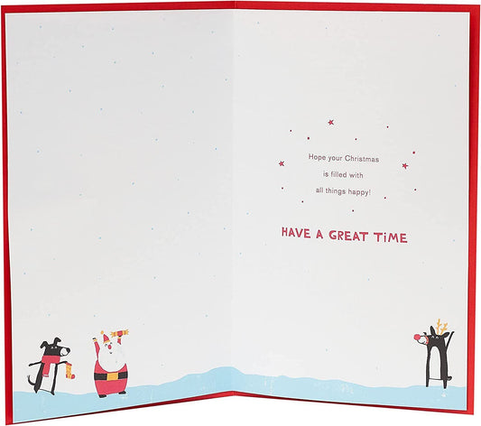 Christmas greeting card featuring festive characters and a Christmas tree design from UK Greetings, perfect for holiday wishes.