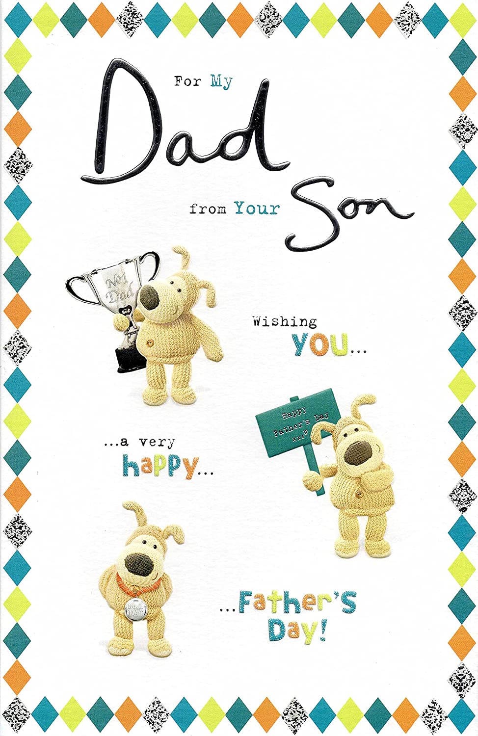 Father's Day greeting card featuring Boofle from son design, UK Greetings, with colorful illustrations and heartfelt message inside.