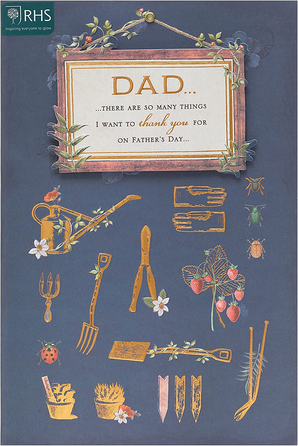 Father's Day greeting card featuring dad gardening icons, UK Greetings design with colorful illustrations and heartfelt message.