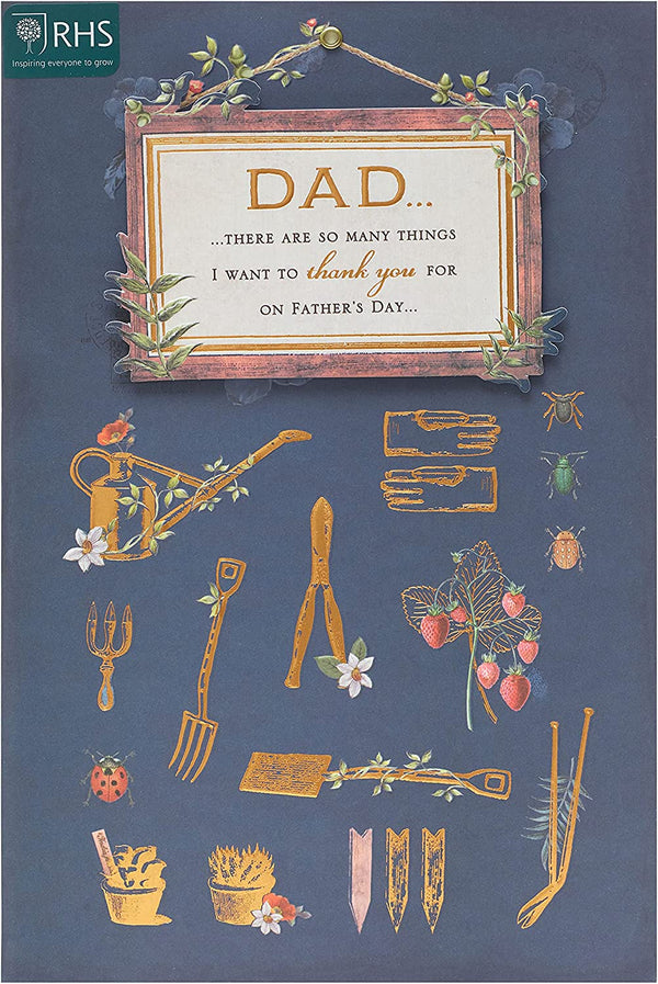 Father's Day greeting card featuring dad gardening icons, UK Greetings design with colorful illustrations and heartfelt message.