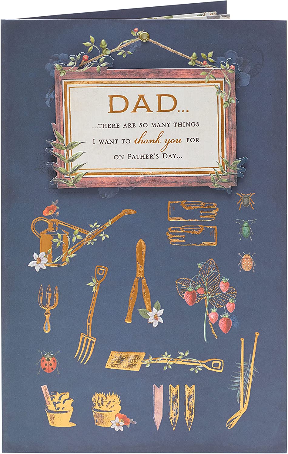 Father's Day greeting card featuring dad gardening icons, with illustrations of tools and plants on a UK Greetings greeting card.