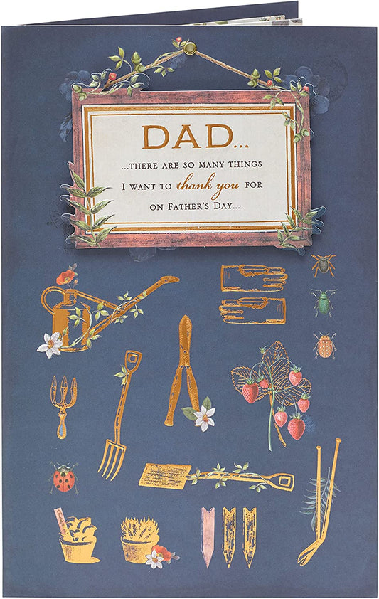 Father's Day greeting card featuring dad gardening icons, with illustrations of tools and plants on a UK Greetings greeting card.