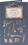 Father's Day greeting card featuring dad gardening icons, with illustrations of tools and plants on a UK Greetings greeting card.