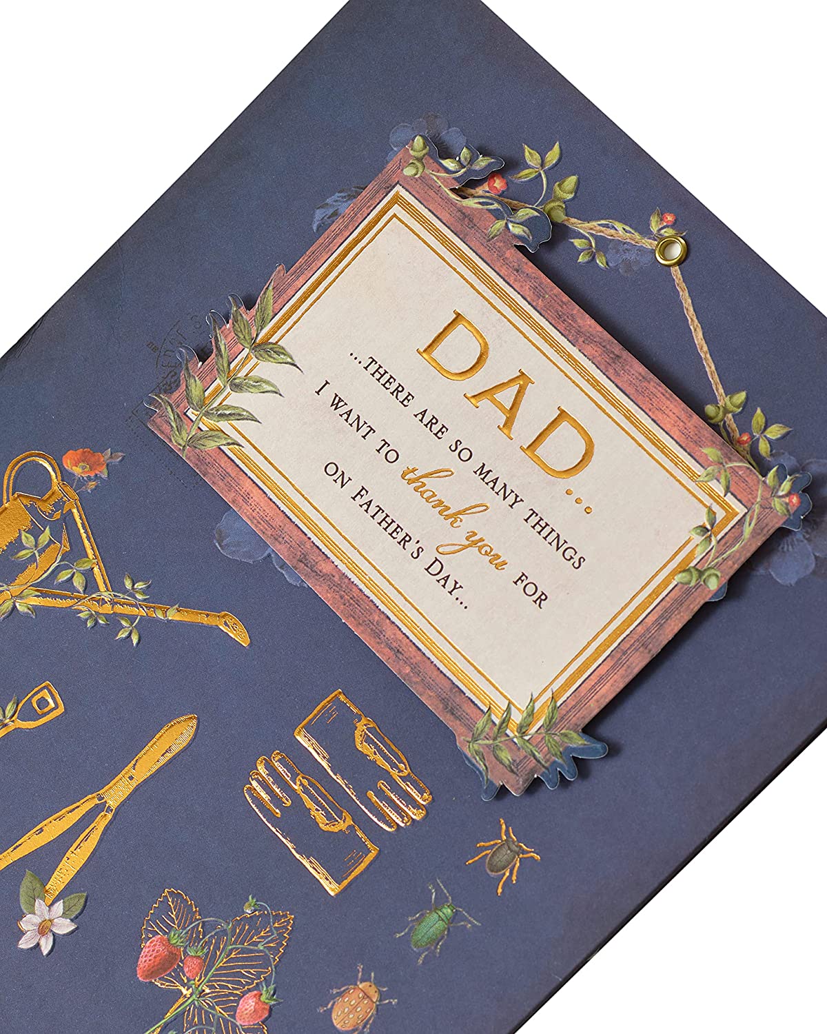 Father's Day greeting card featuring dad gardening icons with images of gardening tools and plants, suitable for UK Greetings.