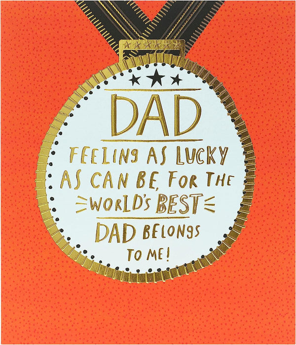 Gold Dad Father's Day greeting card with a medal design, suitable for celebrating fathers on Father's Day.