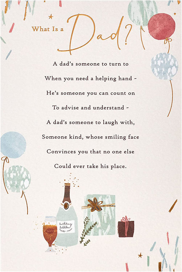Sentimental birthday greeting card for dad by UK Greetings featuring heartfelt poem and festive design.
