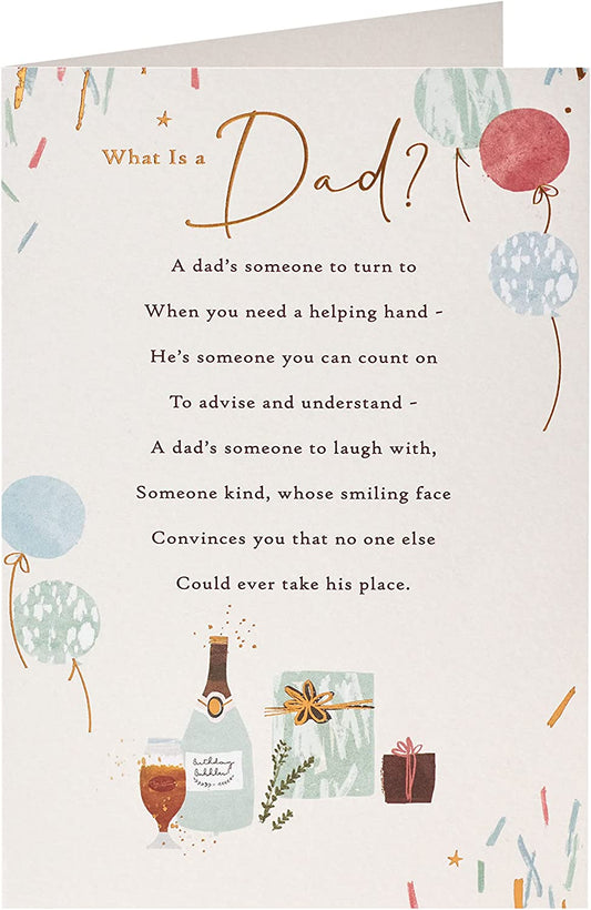 Sentimental birthday greeting card for dad featuring a heartfelt poem, UK Greetings brand, with a decorative design.
