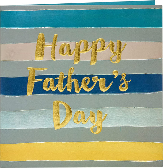Father's Day greeting card with colorful stripey text from UK Greetings, featuring a cheerful design on the front.