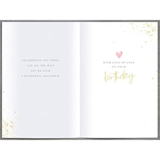 Contemporary daughter birthday greeting card with pink balloon design, UK Greetings, featuring vibrant and cheerful artwork.