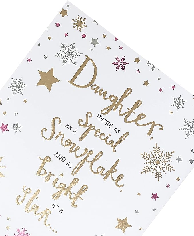 Daughter Christmas greeting card with sparkling silver foil holiday wishes from UK Greetings featuring festive design.