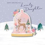 Pink Christmas greeting card featuring a daughter deer illustration inside a glass bell jar, by UK Greetings.