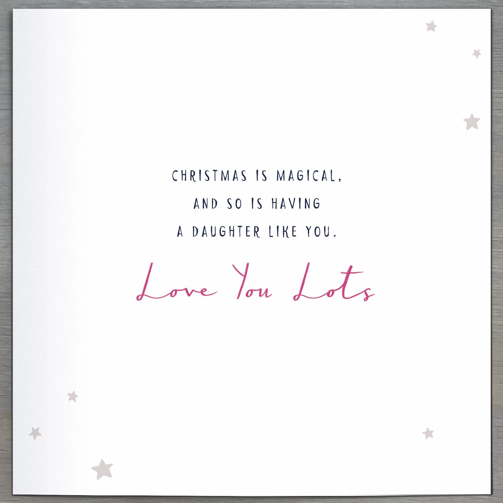 Pink Christmas greeting card featuring a daughter deer inside a glass bell jar, with festive holiday design.