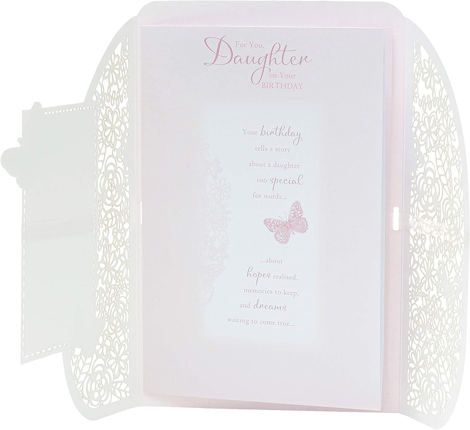 Laser cut butterfly elegance birthday greeting card for daughter by UK Greetings, featuring intricate butterfly patterns and floral accents.