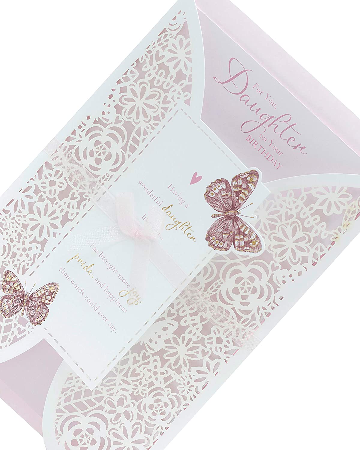 Laser cut butterfly birthday greeting card for daughter by UK Greetings, featuring intricate butterfly designs and elegant craftsmanship.