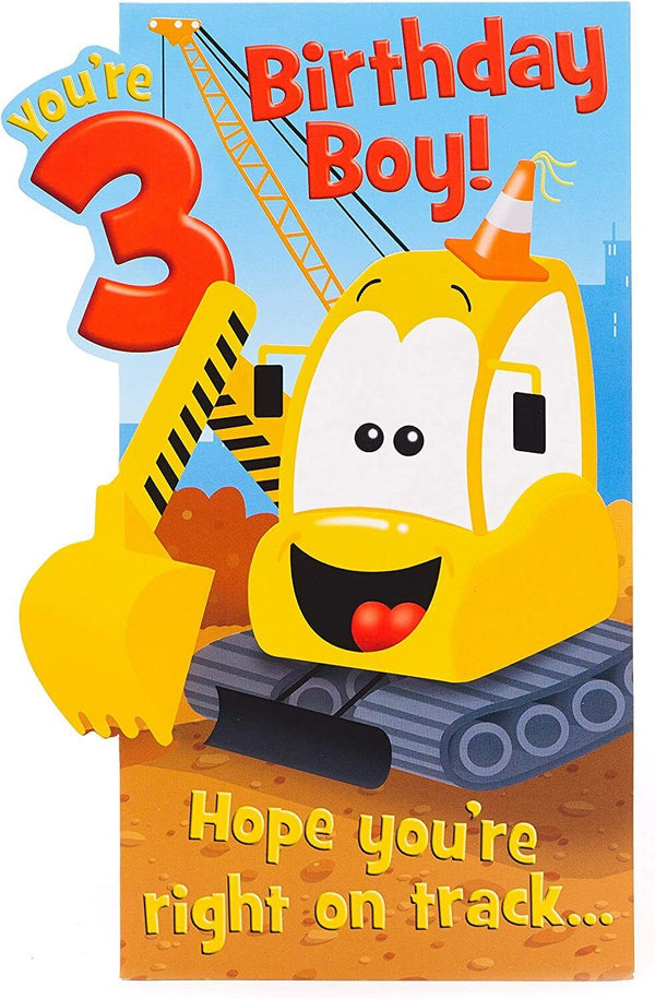 Digger-shaped 3rd birthday boy greeting card featuring colorful construction vehicle design from UK Greetings.