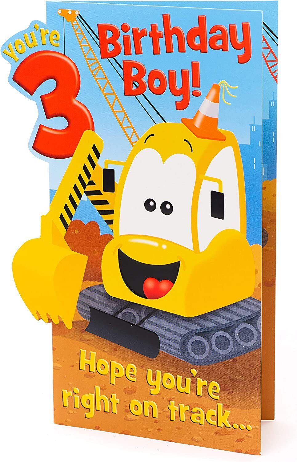 Digger-shaped 3rd birthday boy greeting card from UK Greetings with colorful construction vehicle design.