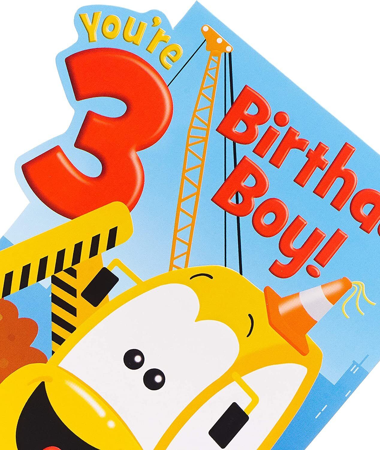 Digger-shaped 3rd birthday boy greeting card featuring colorful construction truck design, perfect for a young child's celebration.