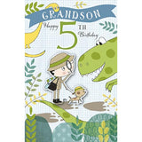 Dino Explorer Grandson 5th birthday greeting card with colorful dinosaur illustrations and playful design from UK Greetings.