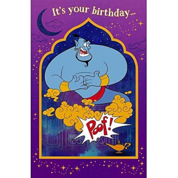 Holographic Disney Aladdin birthday greeting card for any age, featuring colorful Aladdin design and magic lamp illustration.