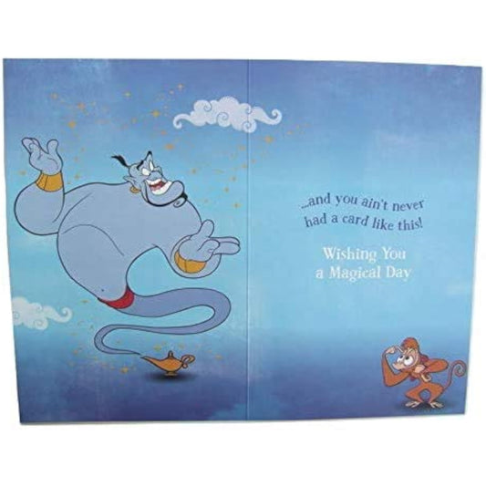 Holographic Disney Aladdin birthday greeting card for any age, featuring Aladdin and magic carpet design by UK Greetings.