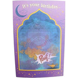 Holographic Disney Aladdin greeting card for birthdays, featuring colorful Aladdin design, perfect for any age.