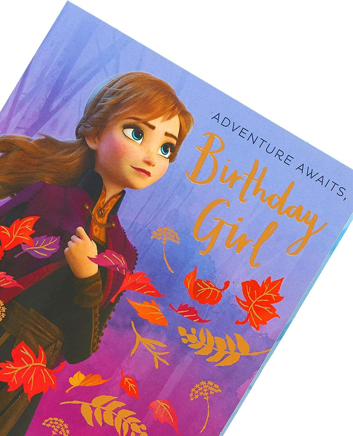 Disney Anna pop-up birthday greeting card from Frozen 2 featuring colorful winter scene and festive design for girls.