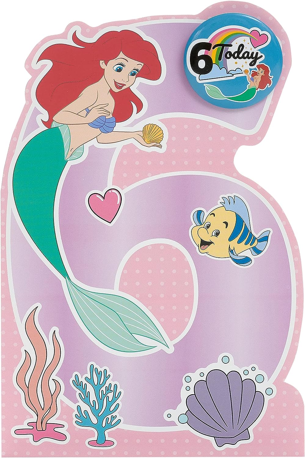 Disney Ariel birthday greeting card by UK Greetings featuring an illustration of Ariel from The Little Mermaid for a 6th birthday celebration.
