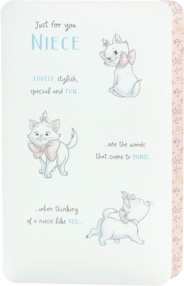 Disney Aristocats Marie greeting card featuring a cute illustration, perfect for birthdays and celebrating special occasions.
