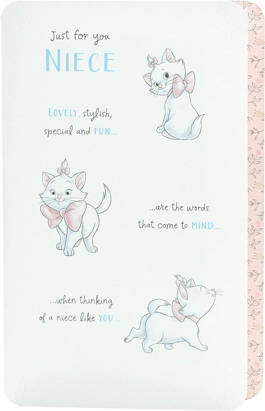 Disney Aristocats Marie greeting card featuring a cute illustration, perfect for birthdays and celebrating special occasions.