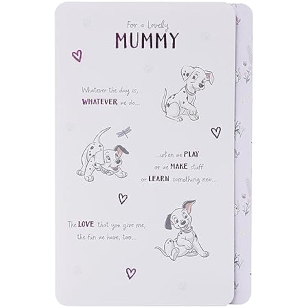 Disney birthday greeting card for mummy featuring 101 Dalmatians design, UK Greetings brand with colorful puppy illustration.