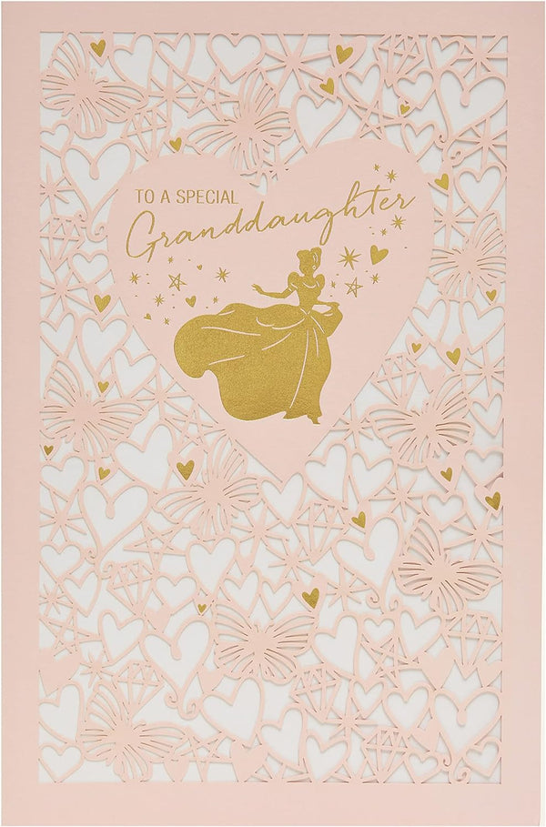 Disney Cinderella greeting card for granddaughter, UK Greetings, featuring Cinderella illustration and celebratory design.