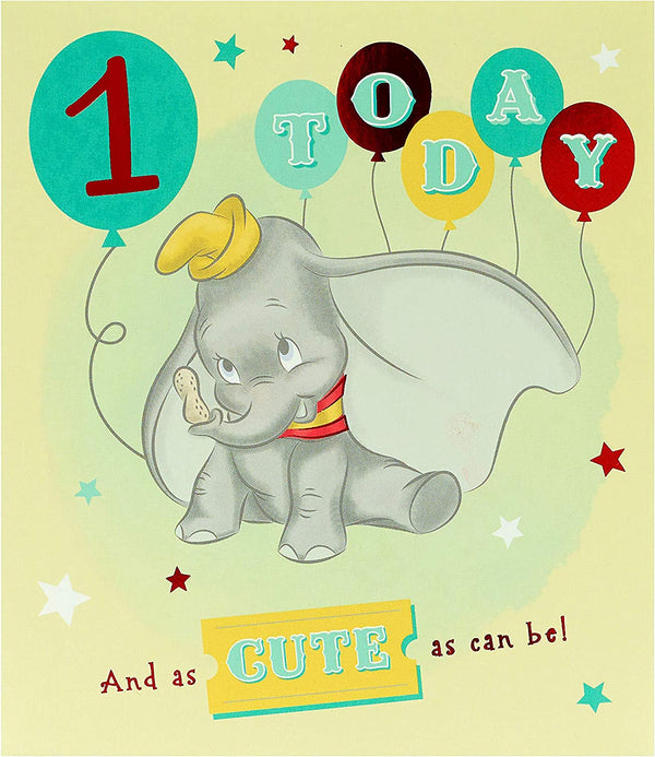Disney Dumbo birthday greeting card by UK Greetings featuring Dumbo the elephant with a festive design and colorful background.
