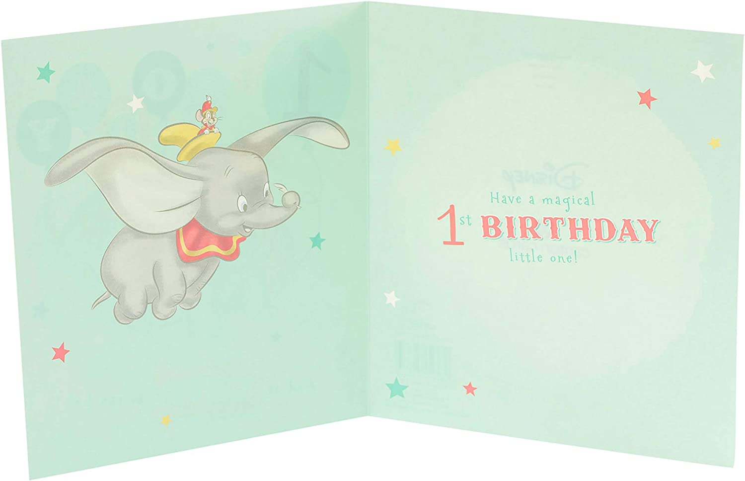 Disney Dumbo birthday greeting card by UK Greetings featuring Dumbo flying with a festive message.