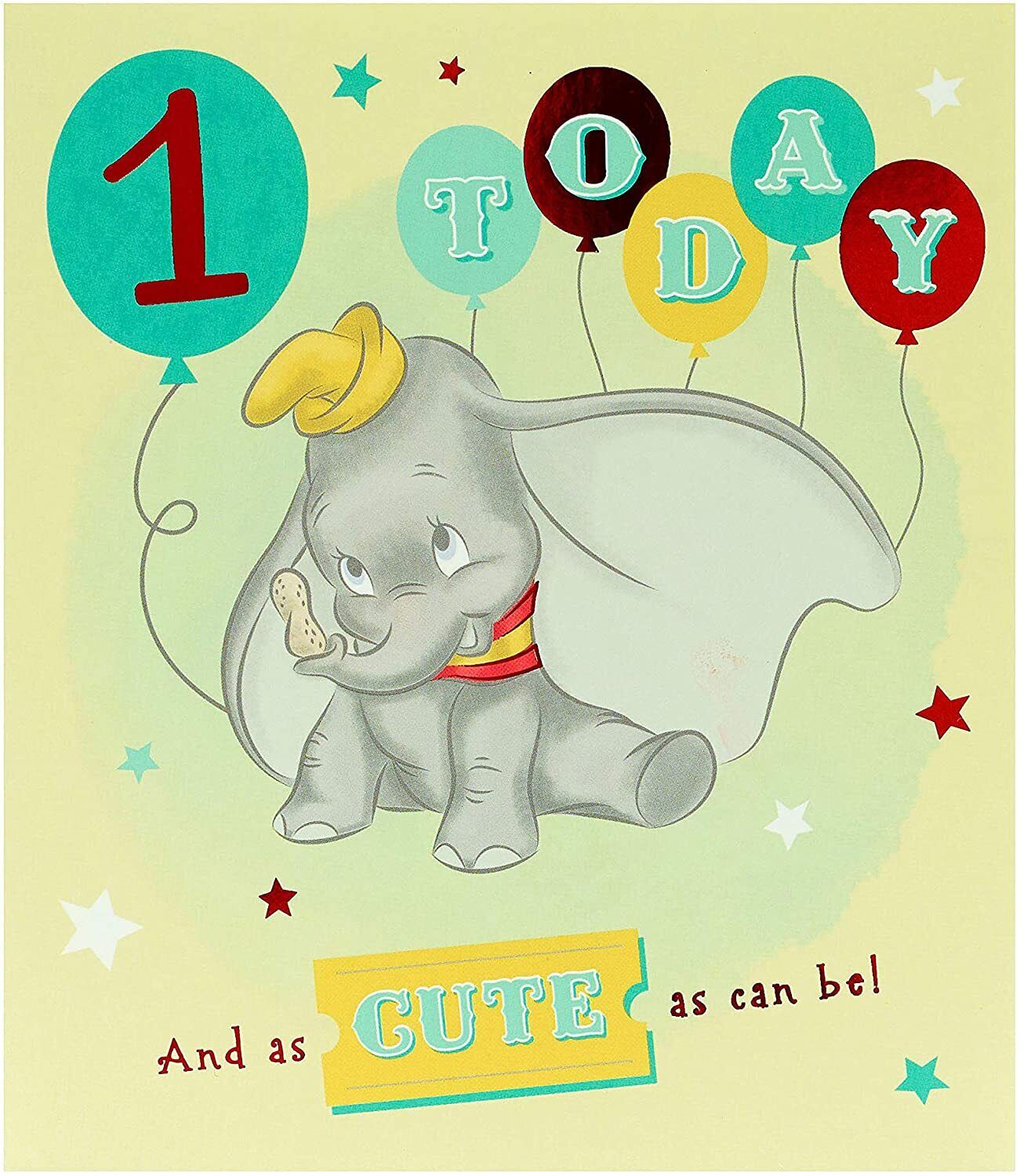 Disney Dumbo birthday greeting card by UK Greetings featuring Dumbo the elephant with colorful birthday-themed design.