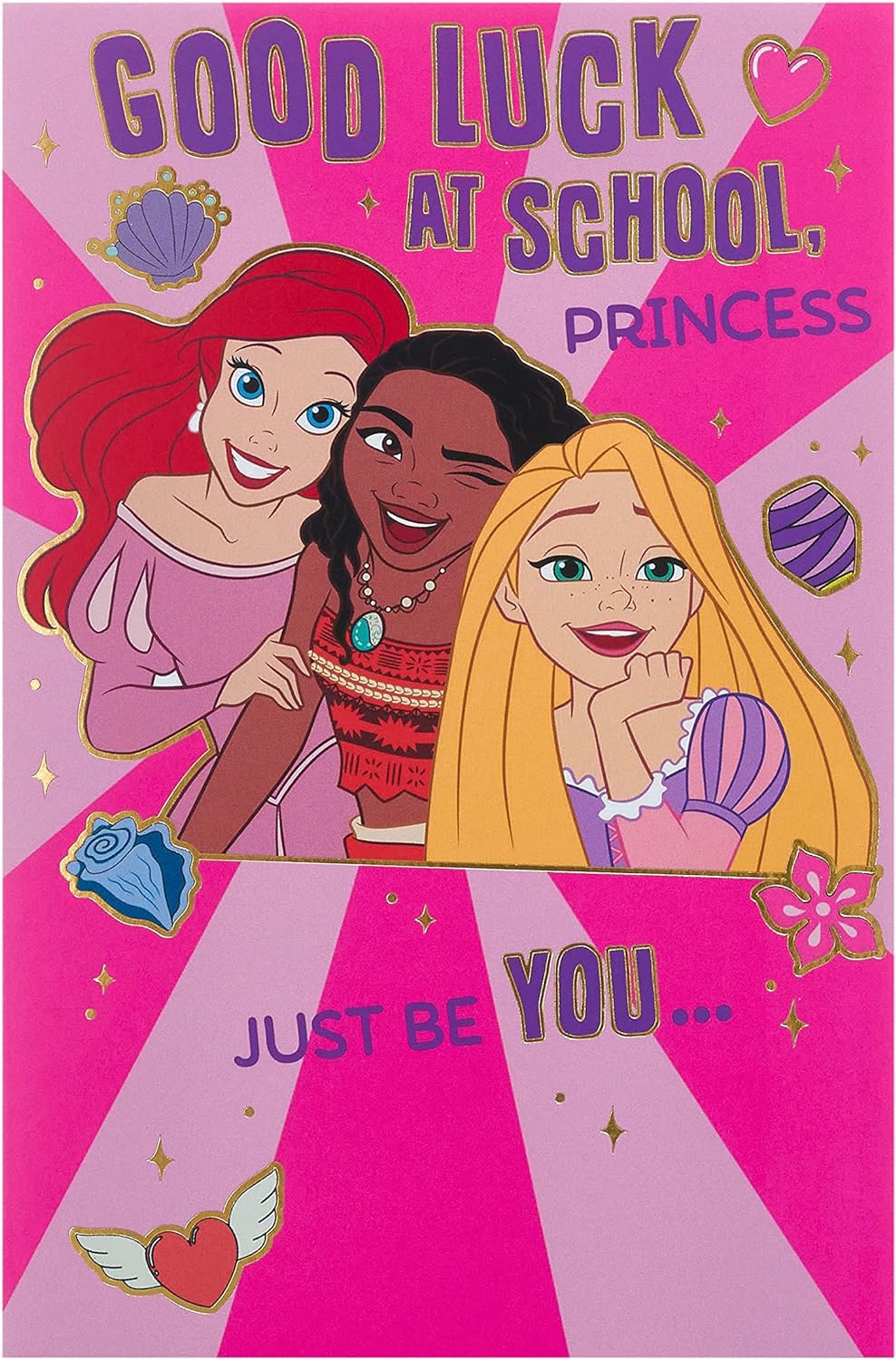 Disney girl greeting card featuring Ariel, Moana, and Rapunzel with envelope, designed for her first day at school, 137mm x 210mm.
