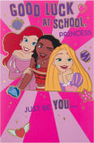 Disney girl greeting card featuring Ariel, Moana, and Rapunzel with envelope, designed for her first day at school, 137mm x 210mm.