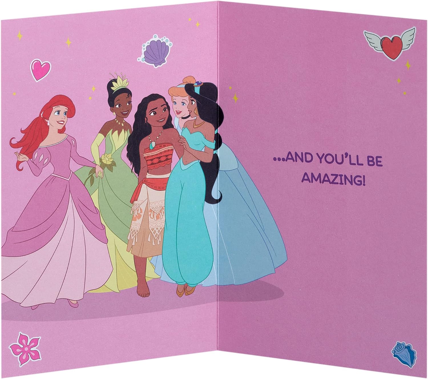 Disney girl greeting card featuring Ariel, Moana, and Rapunzel with envelope, 137mm x 210mm, for first day at school.