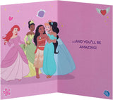 Disney girl greeting card featuring Ariel, Moana, and Rapunzel with envelope, 137mm x 210mm, for first day at school.