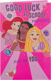 Disney girl’s first day at school greeting card featuring Ariel, Moana, and Rapunzel with envelope, colorful Disney princess design.