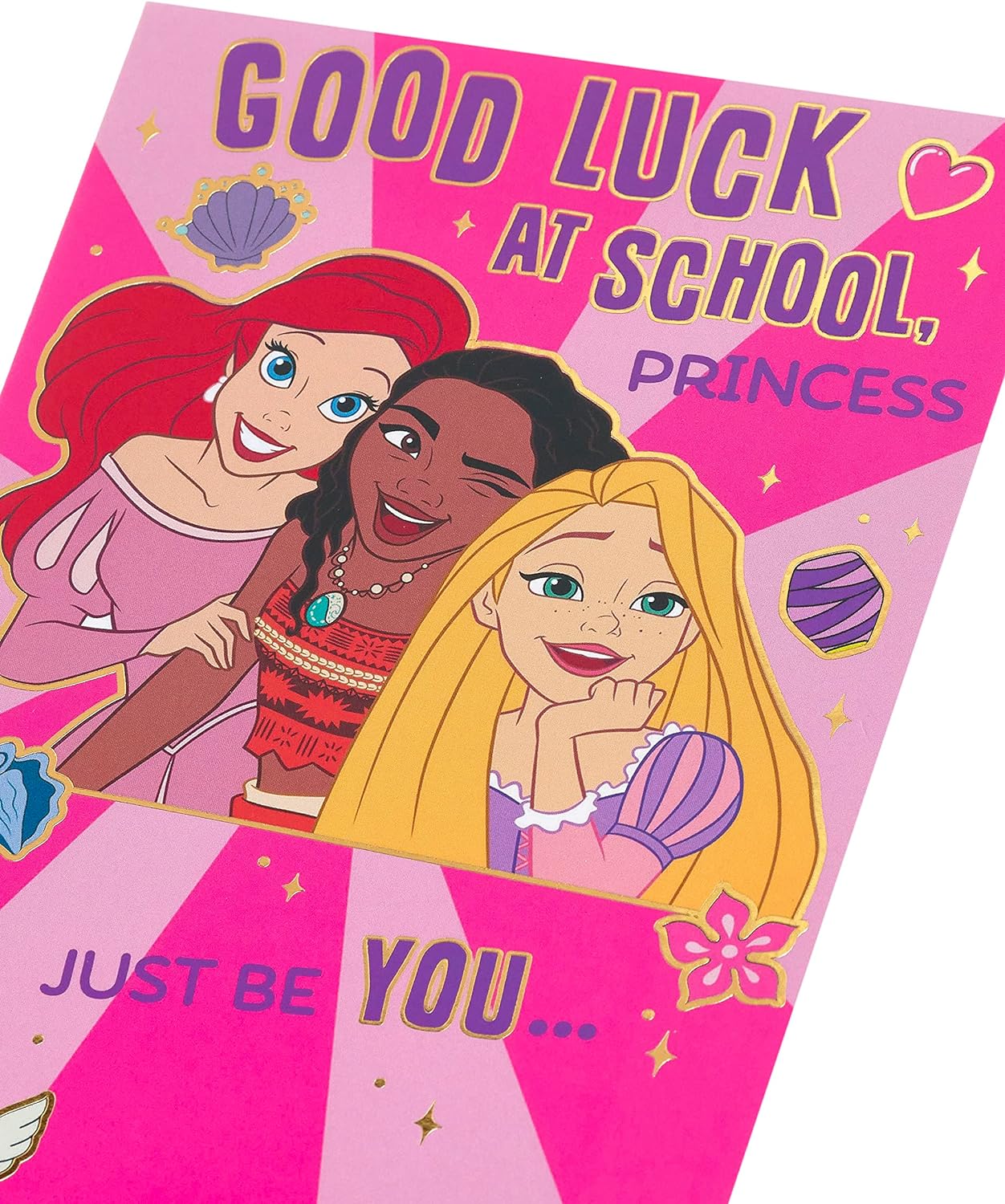 Disney first day of school greeting card for girls featuring Ariel, Moana, and Rapunzel with envelope, 137mm x 210mm.