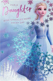 Disney Frozen 2 Elsa greeting birthday card featuring Elsa and snowflake designs, ideal for children's celebration.