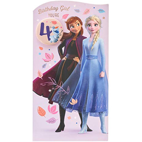 Disney Frozen Anna and Elsa birthday greeting card with badge, featuring colorful winter-themed design for a 4th birthday celebration.