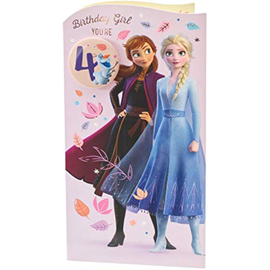 Disney Frozen Anna and Elsa birthday greeting card with badge, featuring colorful winter scene and cheerful characters for a 4th birthday celebration.