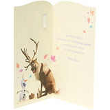 Disney Frozen Anna and Elsa 4th birthday greeting card with badge from UK Greetings, featuring colorful characters and festive design.
